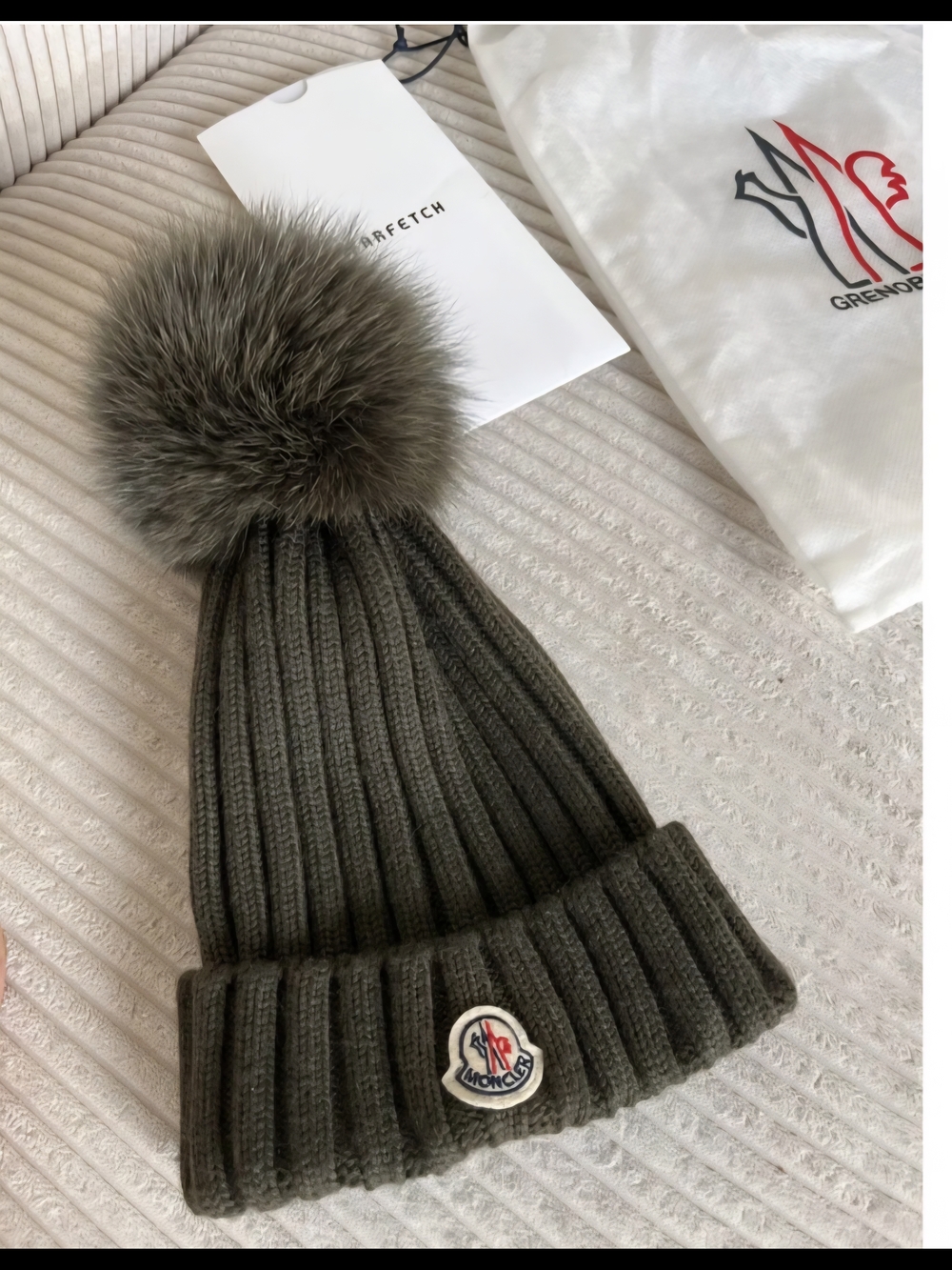 Moncler Black Ribbed Knit Beanie with Faux-Fur Pom